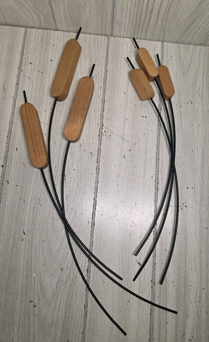 Vintage MCM Wood & Metal Cattails Reeds Wall Decor Set of 2 Cabin Man Cave Lodge